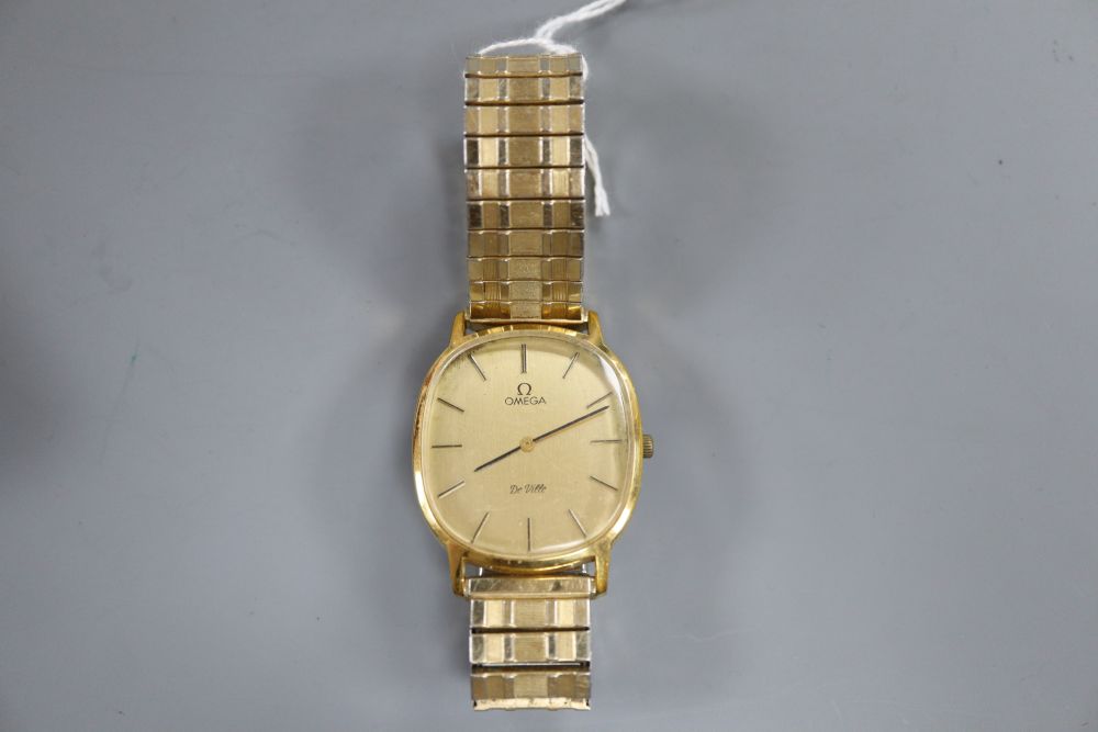 A gentlemans 1980s steel and gold plated Omega De Ville manual wind wrist watch, on associated strap, with box.